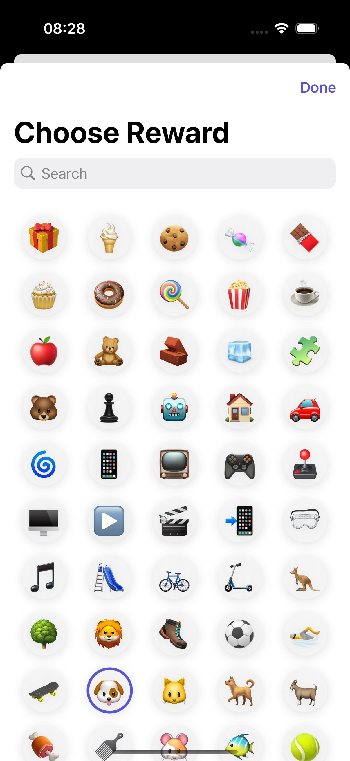 ABA Token Board app screenshot: picking a visual reward for the token board